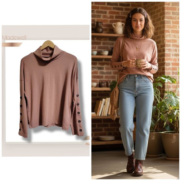 🌿Madewell Women's Medium Mauve 100% Cotton Boho Chic Button-Sleeve Sweater - Picture 1 of 8